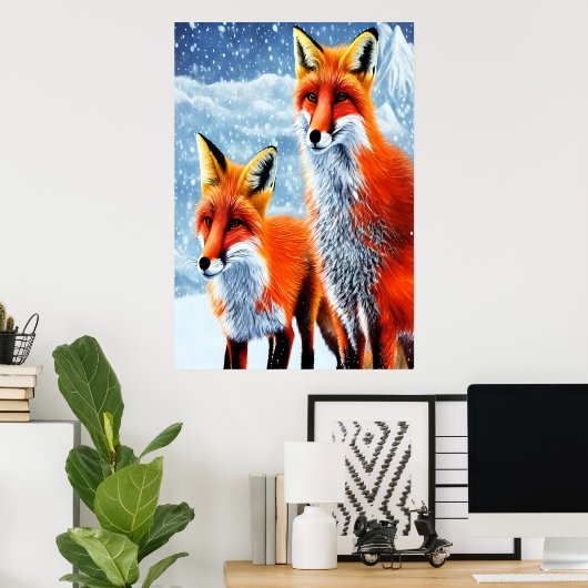 Deux renards rouges dans la neige | AI Art Poster (Bureau à domicile)
