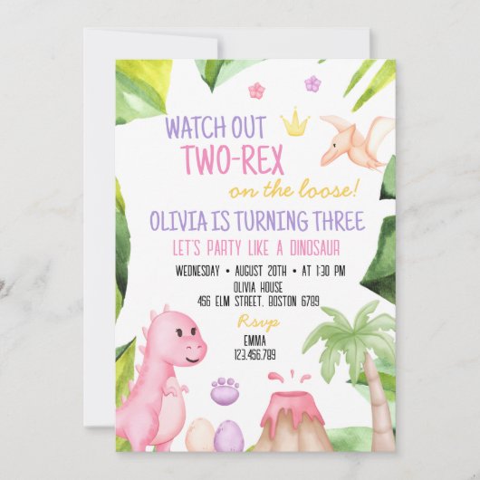 Deux Rex Girl dinosaure 2e invitation anniversaire (Devant)