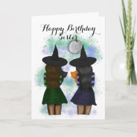 Deux Sorcières Soeurs Avec Chats Carte Anniversair