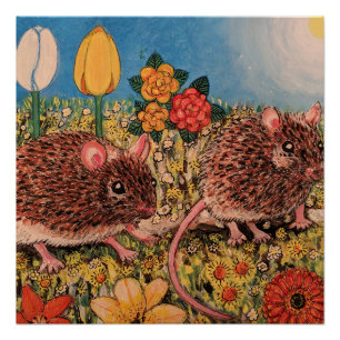 Deux souris mignonnes et fleurs Affiche Brillant