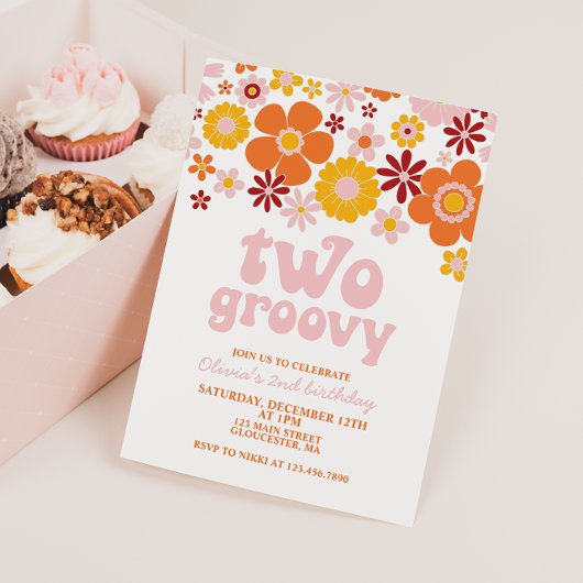 Deux Super Retro Floral 2e anniversaire Invitation