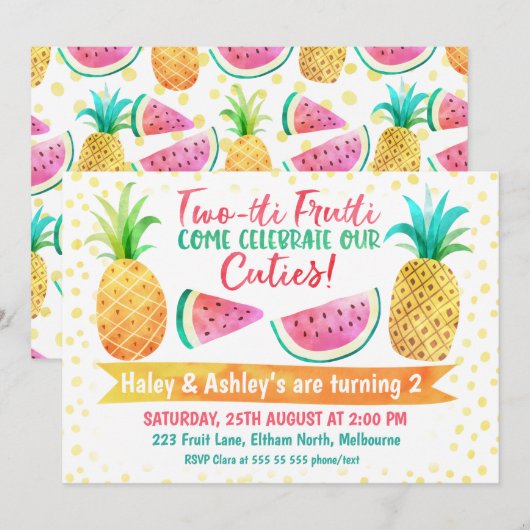Deux Tii Frutti Girl Twins Anniversaire Invitation (Devant / Derrière)