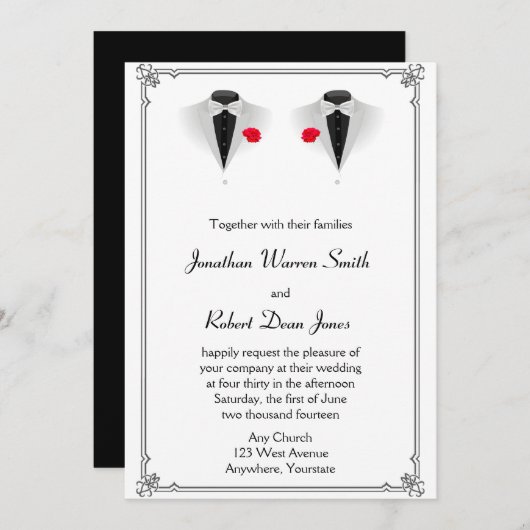 Deux Tuxedos sur White Gay Faire-part de mariage (Devant / Derrière)
