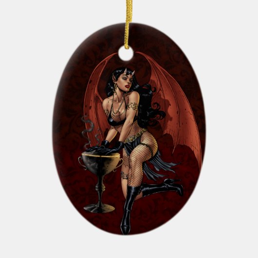 Devil Girl Witch's Cauldron-rokende Gothische Kuns Keramisch Ornament (Voorkant)