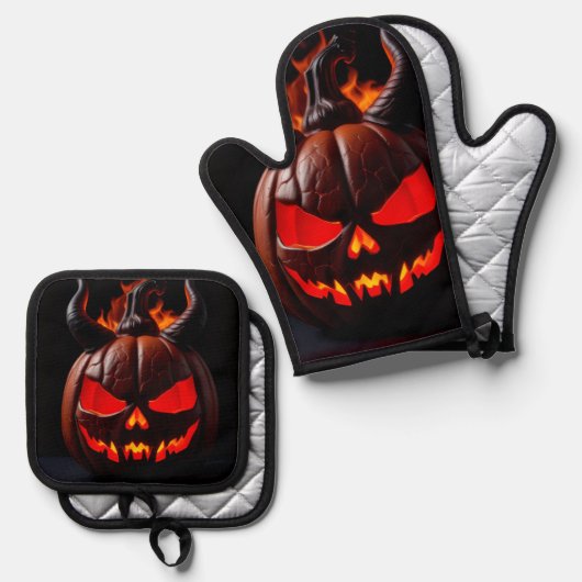 Devil Pumpkin Crown Halloween Mitt Set (Voorkant / Achterkant)