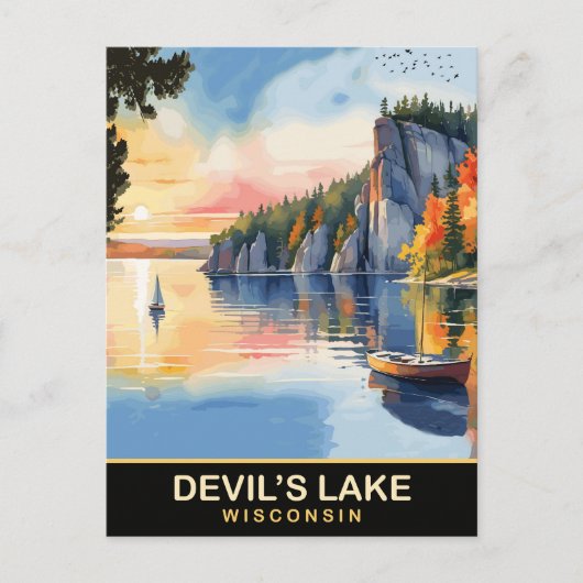 Devil's Lake, Wisconsin, Waterverf Reizen Briefkaart (Voorkant)