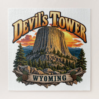 Devil's Tower Wyoming Vintage Zonsondergang Grafis Legpuzzel