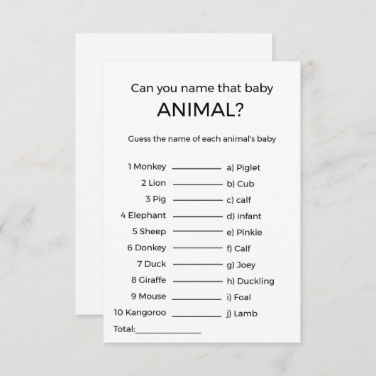 devinez le nom bébé animal baby shower jeu Carte (Devant / Derrière)
