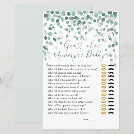 Devinez Qui Baby shower Jeu Eucalyptus Feuilles (Devant / Derrière)