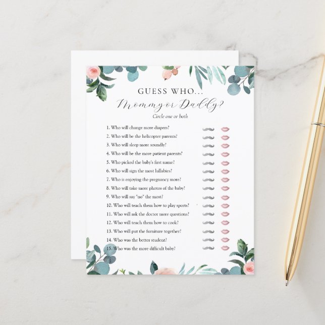 Devinez Qui maman ou papa Baby shower carte de jeu (Devant/Arrière en situation)