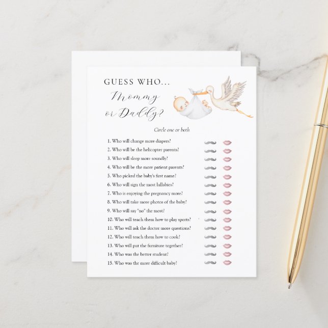 Devinez Qui maman ou papa Baby shower carte de jeu (Devant/Arrière en situation)