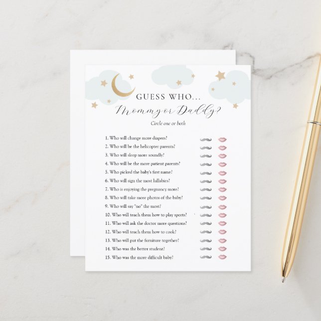 Devinez Qui maman ou papa Baby shower carte de jeu (Devant/Arrière en situation)