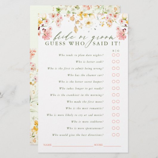 Devinez qui marié ou la chambre - Carte de jeu Fle (Devant / Derrière)