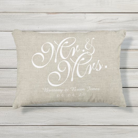 D'extérieur Beige White Linen M. et Mme Mariage Coussin (Devant)