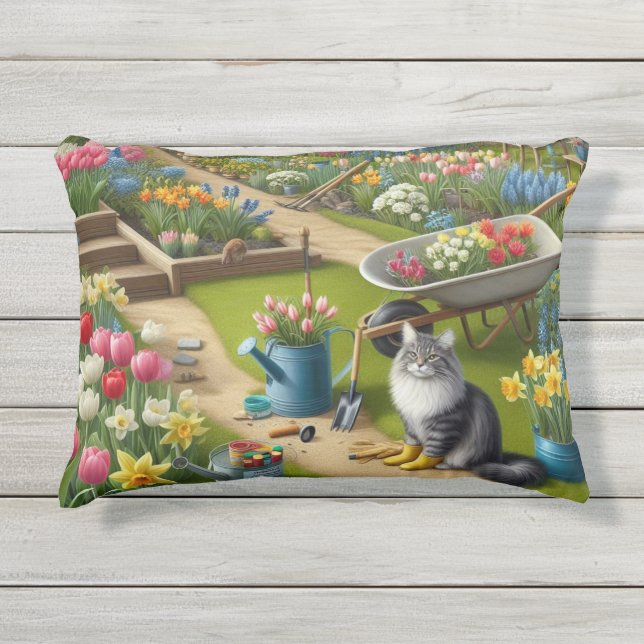 D'extérieur Coussin d'accent de fleurs et de chat pour l'extér (Devant)