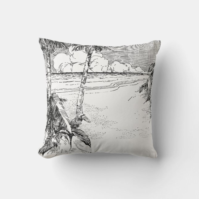 D'extérieur Vintage Tropical Palm Tree Beach Etching Coussin (Recto)