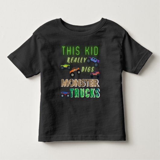 Deze knul is echt dol op monstertrucks kinder shirts (Voorkant)