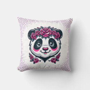 Deze lachende panda omlijst door roze rozen combin kussen