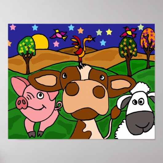 DH- Funny Folk Art  Barnyard Animals Poster (Devant)