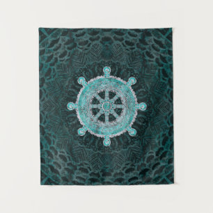Dharma Wheel - Dharmachakra Silver en turquoise Wandkleed