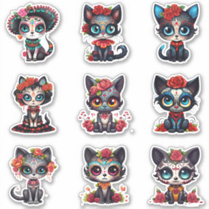 Dia de Los Muertos Cat Stickers - Set van 9