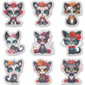 Dia de Los Muertos Cat Stickers - Set van 9 (Voorkant)