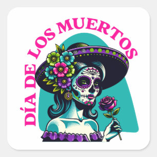 Día de los Muertos Catrina Rose Pop Art Vierkante Sticker