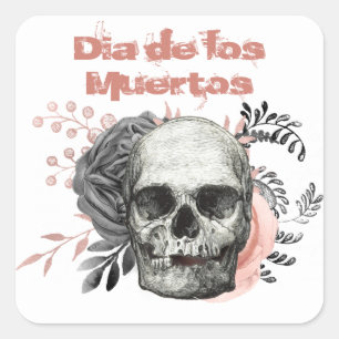 Dia de los Muertos Grijs Roze Roze Roos Schedel Vierkante Sticker