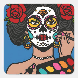 Dia de los Muertos Hand getrokken Catrina Vierkante Sticker