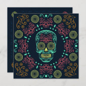 Dia de los Muertos Neon Crâne floral | Invitation (Devant / Derrière)