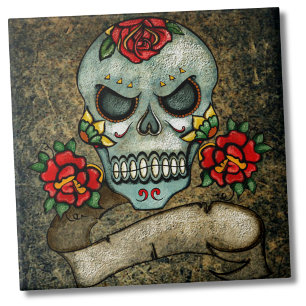 Dia De Los Muertos Roos Sugar Skull Tegeltje