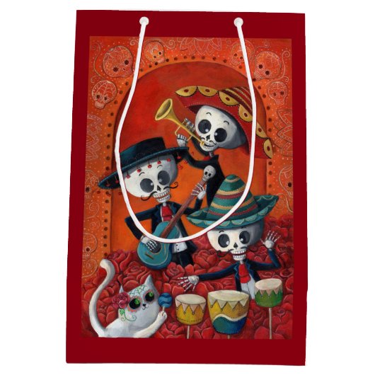 Dia de Los Muertos Skeleton Mariachi Trio Medium Cadeauzakje (Achterkant)