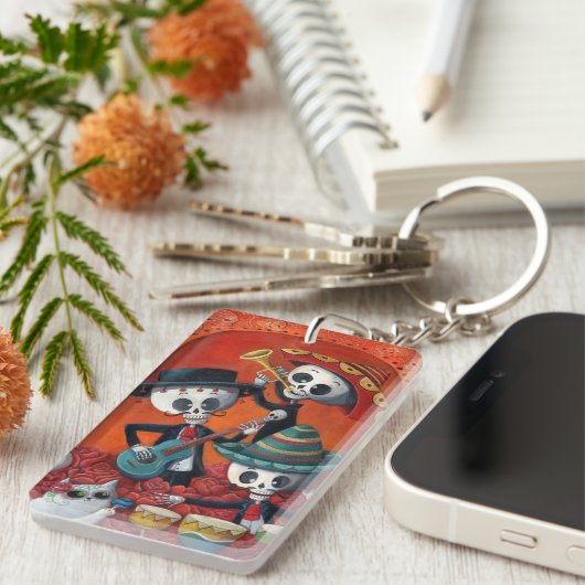 Dia de Los Muertos Skeleton Mariachi Trio Sleutelhanger (Voorkant Rechts)