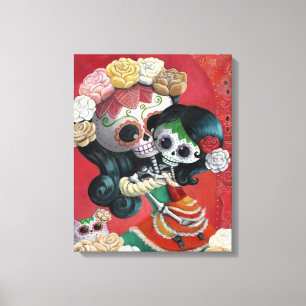 Dia DE Los Muertos Skeletons Moeder en Dochter Canvas Afdruk