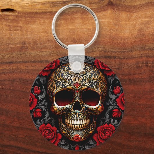 Dia de los Muertos Skull with Red Roses Sleutelhanger (Achterkant)
