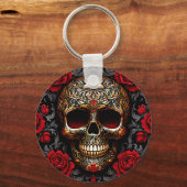 Dia de los Muertos Skull with Red Roses Sleutelhanger (Voorkant)