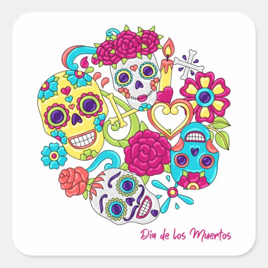 Dia de Los Muertos Skulls Vierkante Sticker (Voorkant)