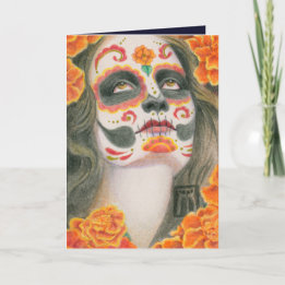Día de los Muertos-suiker schedel met Afrikaantjes Feestdagen Kaart