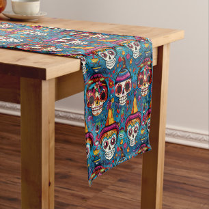 Dia de Muertos, blauw suiker schedels patroon Korte Tafelloper