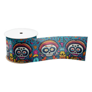 Dia de Muertos, blauw suiker schedels patroon Lint