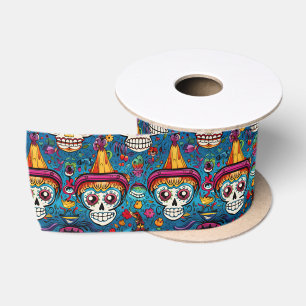 Dia de Muertos, blauw suiker schedels patroon Lint
