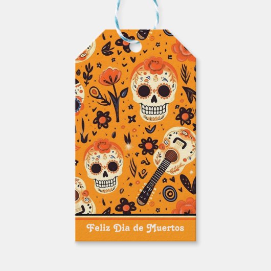Dia de Muertos, gitaren en suikerschedels sinaasap Cadeaulabel (Voorkant)