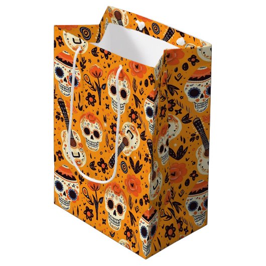 Dia de Muertos, gitaren en suikerschedels sinaasap Medium Cadeauzakje (Voorkant Gekanteld)