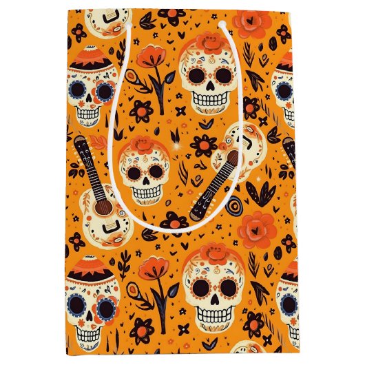Dia de Muertos, gitaren en suikerschedels sinaasap Medium Cadeauzakje (Voorkant)