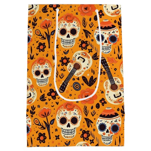 Dia de Muertos, gitaren en suikerschedels sinaasap Medium Cadeauzakje (Achterkant)