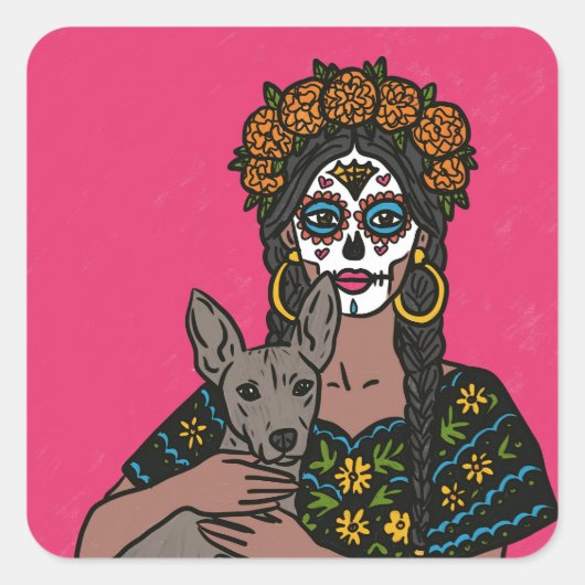 Dia de Muertos Marigold and Xolo Dog Stickers (Devant)