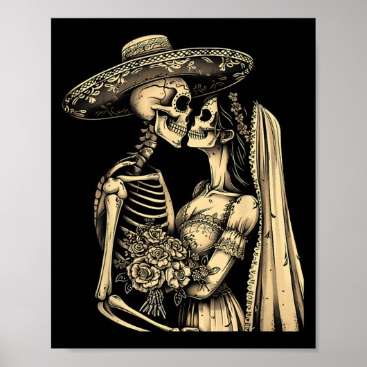 Dia De Muertos Sugar Skull Couple Skeleton Bride W Poster (Voorkant)