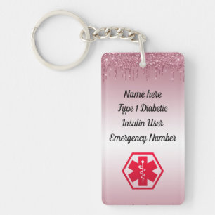 Diabetische roze glitter Medical Alert Type 1 of 2 Sleutelhanger