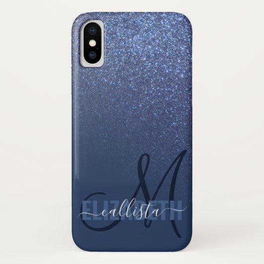Diagonaal blauw glitter gradiënt Ombre Monogram Case-Mate iPhone Case (Achterkant)