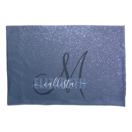 Diagonaal blauw glitter gradiënt Ombre Monogram Kussensloop (Voorkant)